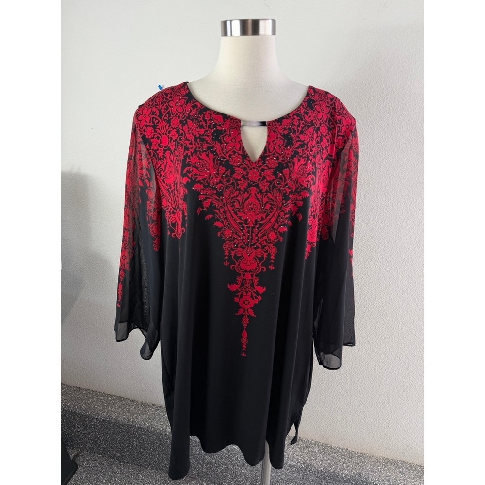JM Collection Womens Plus 3X Damask Rhinestone Keyhole Blouse Sheer Sleeve Top